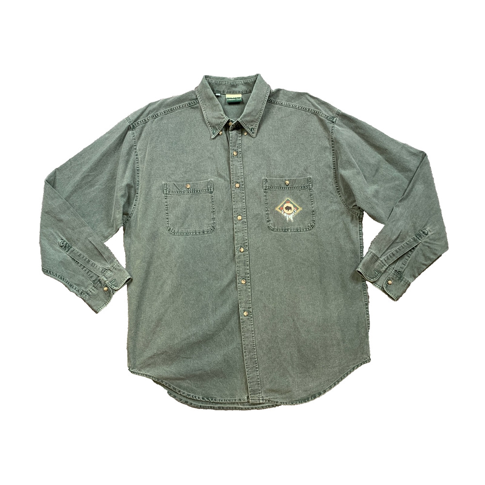 Vintage Coldwater Creek Shirt Mens 2XL XXL Green Washed Workwear Native American